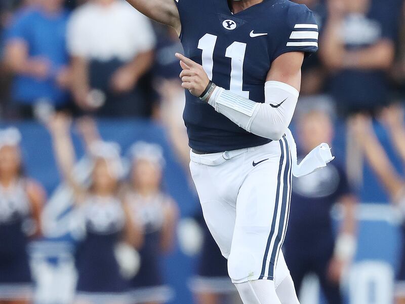 Brigham Young Cougars quarterback Zach Wilson (11) throws in Provo on Saturday, Sept. 22, 2018. BYU won 30-3.
