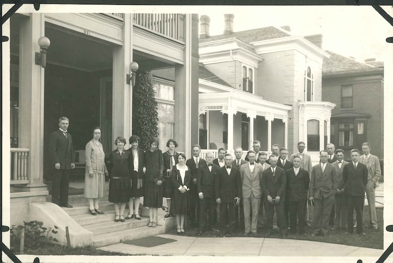 A group of missionaries poses for a photo outside the Salt Lake Mission Home in Salt Lake City, Utah on June 7, 1927.