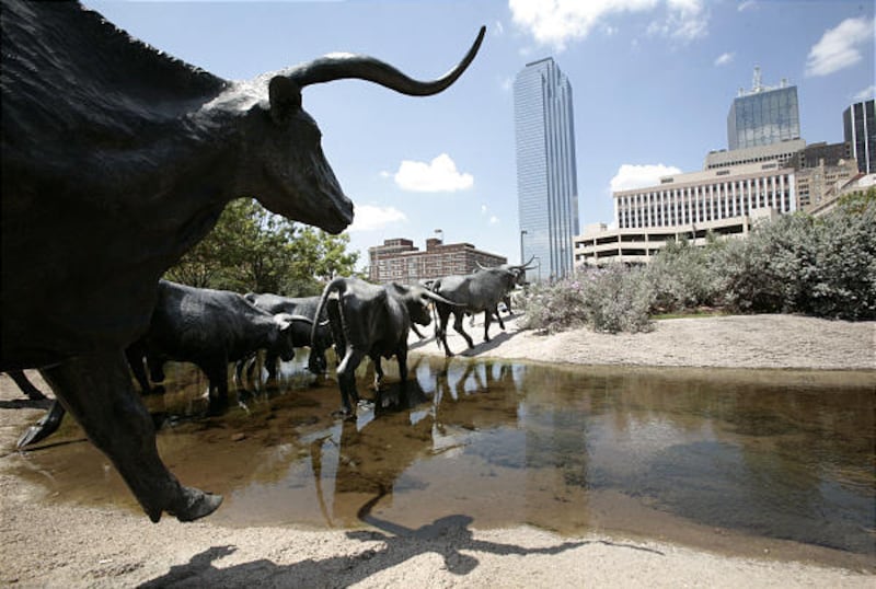 A longhorn steer sculpture in downtown Dallas contrasts with the skyline in the background.