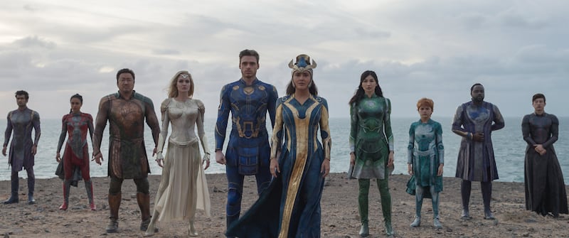 Kingo, Makkari, Gilgamesh, Thena, Ikaris, Ajak, Sersi, Sprite, Phastos and Druig in Marvel Studios’ “Eternals.”