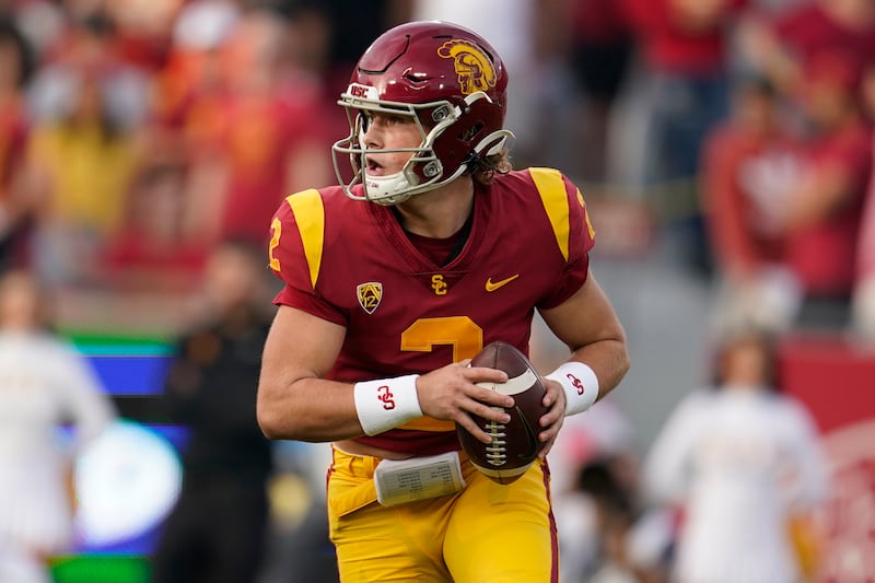 Southern California quarterback Jaxson Dart looks to throw during game vs. Arizona Saturday, Oct. 30, 2021, in Los Angeles.