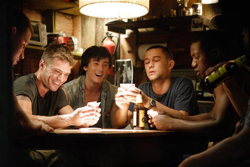 Channing Tatum, left, Ryan Phillippe, Alex Frost, Joseph Gordon-Levitt and Rob Brown play around in the war drama "Stop-Loss."