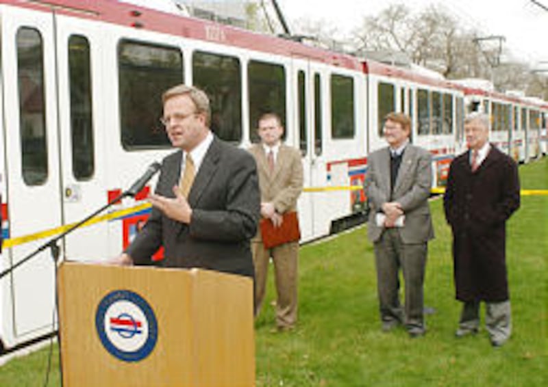 Eric Jergensen, RDA board member, speaks during a news conference Thursday to announce construction of a new Salt Lake TRAX station.