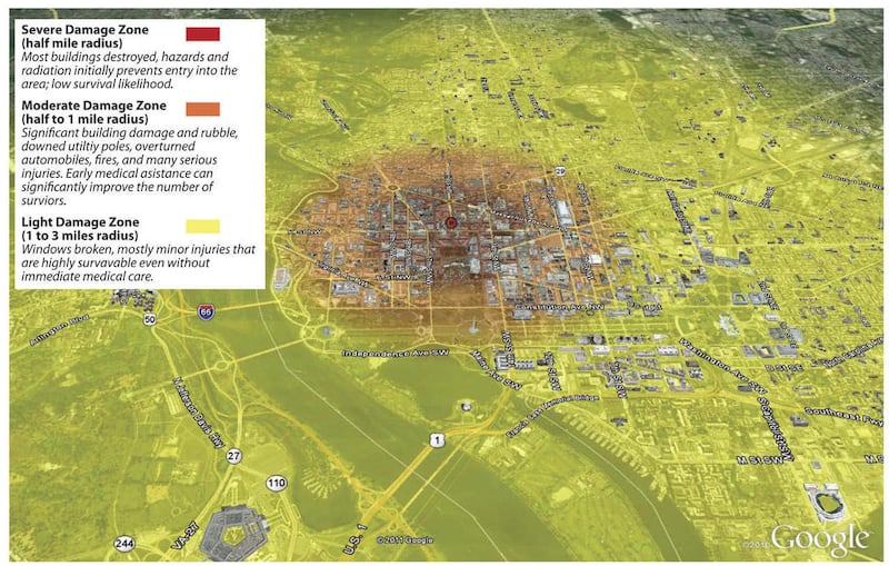 This map, released by the Federal Emergency Management Agency, and contained in a report from a study that analyzed the likely effects from terrorists setting off a 10-kiloton nuclear device a few blocks north of the White House. The map shows a summary o
