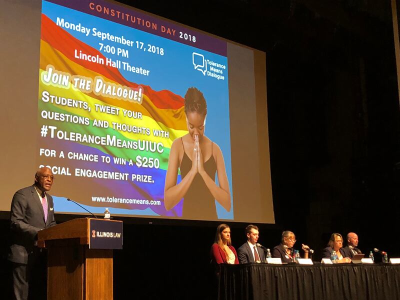 Robert J. Jones, chancellor of the University of Illinois at Urbana-Champaign, speaks at a Sept. 17 event in which participants discussed finding common ground as a more tolerant form of politics.
