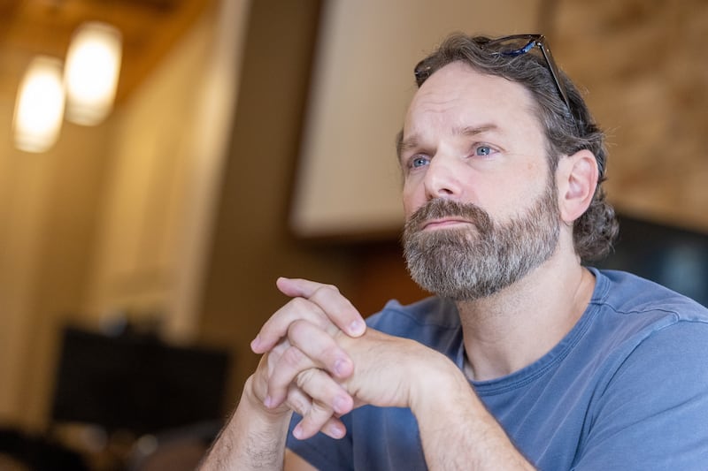 Ryan Swanson, co-writer of “The Chosen,” talks to news media at the Salvation Army’s Camp Hoblitzelle in Midlothian, Texas, on Monday, Aug. 15, 2022.