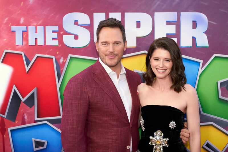 Chris Pratt, left, and Katherine Schwarzenegger Pratt arrive at the premiere of “The Super Mario Bros. Movie.”