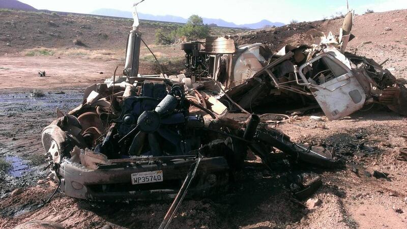 A semitrailer truck carrying about 6,000 gallons of hot crude oil crashed about 13 miles north of St. George, spilling an estimated 4,000 gallons on Wednesday, June 11, 2014. The driver was not seriously injured.