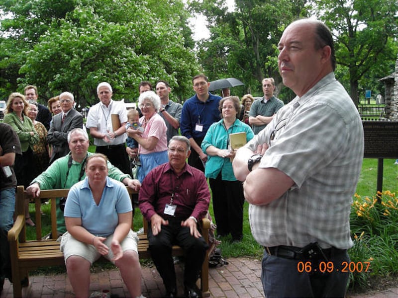 Michael Kennedy, right, speaks at a gathering of Joseph and Emma Smith's descendants.
