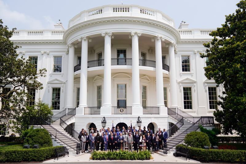 President Joe Biden speaks during a ceremony on the South Lawn of the White House.