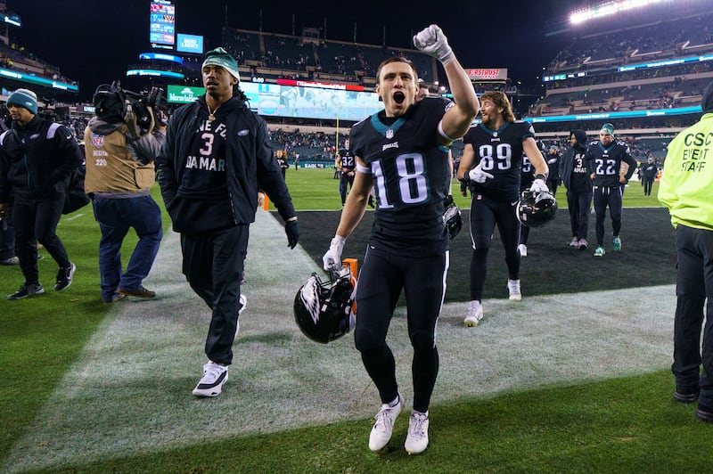 Philadelphia Eagles wide receiver Britain Covey (18) reacts to the win following the NFL football game against the New York Giants.