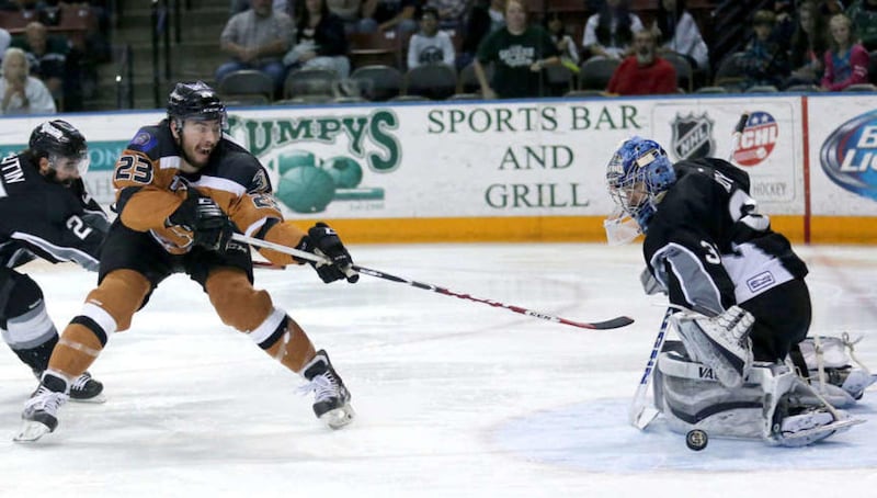 The Grizzlies' Michael Pelech shoots as the Idaho Steelheads goalie Olivier Roy blocks it during a hockey game at the Mavericks Center in West Valley City on Friday, April 17, 2015. The Grizzlies won 3-2.