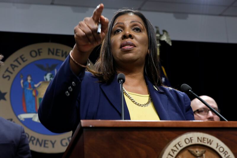 New York State Attorney General Letitia James speaks during a news conference at her office in New York, Tuesday, Nov. 19, 2019. New York has joined the ranks of states suing the nation’s biggest e-cigarette maker, San Francisco based JUUL Labs. (AP Photo/Richard Drew)