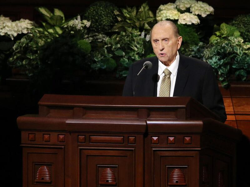 FILE - President Thomas S. Monson announces 5 new temples as he speaks in the Conference Center in Salt Lake City during the Sunday morning session of the LDS Church’s 187th Annual General Conference on Sunday, April 2, 2017. Monson, who has led the LDS C