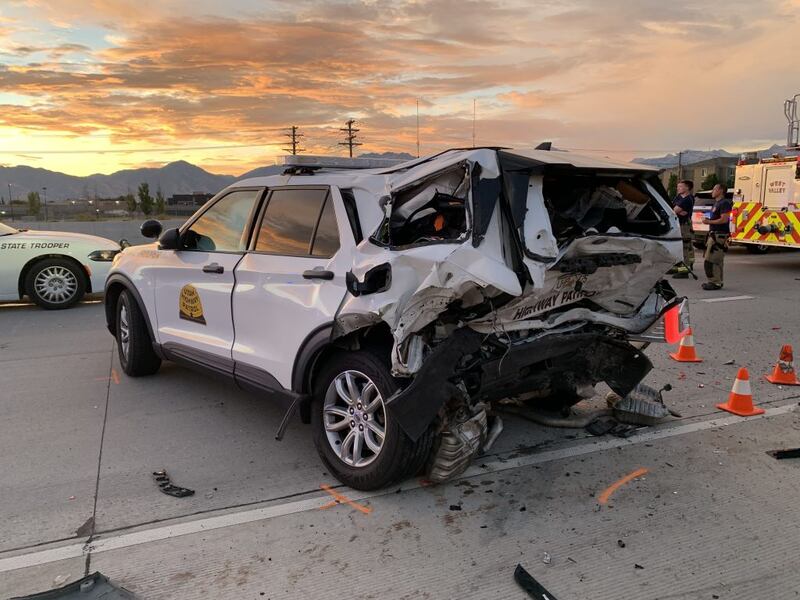 A Utah Highway Patrol sergeant and several other people were hospitalized after a crash on I-215 West on Sunday, Aug. 1, 2021.