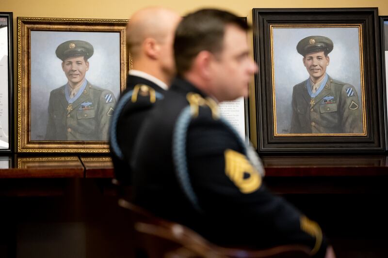 Paintings of the late Jose F. Valdez, Utah’s only Hispanic Medal of Honor recipient, are pictured during a ceremony at the Capitol on April 14, 2023.
