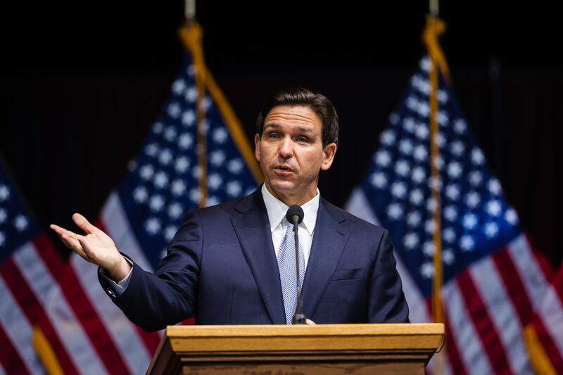 Florida Gov. Ron DeSantis speaks during the Utah Republican Party Organizing Convention at Utah Valley University in Orem.