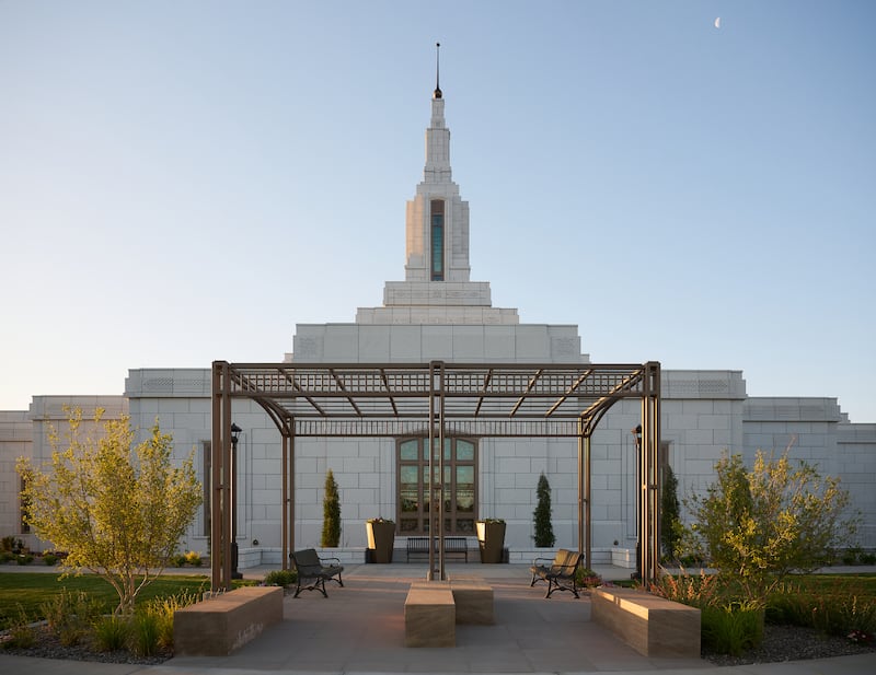 The exterior of the Farmington New Mexico Temple, which The Church of Jesus Christ of Latter-day Saints invited the public to tour from July 17 to Aug. 2, 2025, features landscaping designs influenced by the geometric shapes found in the buildings and designs of the area.