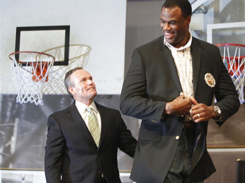 Former San Antonio Spurs center David Robinson dons his Basketball Hall of Fame jacket during a media availability before his enshrinement in the Naismith Basketball Hall of Fame in Springfield, Mass., Friday morning.