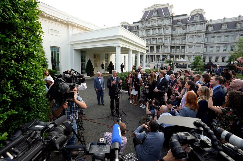 House Speaker Kevin McCarthy of California talks to reporters after meeting with President Joe Biden about the debt ceiling.