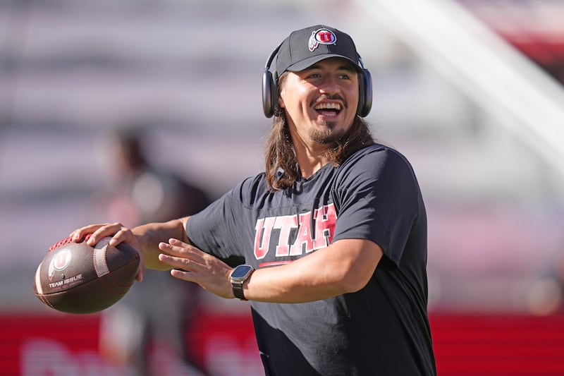 Utah quarterback Cameron Rising warms up before a game against Weber State on Sept. 16, 2023, in Salt Lake City.