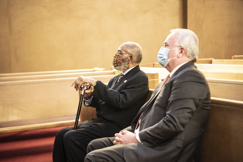 Elder Jack N. Gerard and The Rev. Amos C. Brown wear masks during a recent discussion about overcoming prejudice.