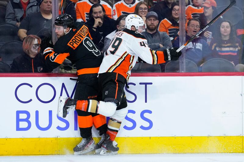 Philadelphia Flyers’ Ivan Provorov and Anaheim Ducks’ Max Jones collide during a game on Jan. 17, 2023.