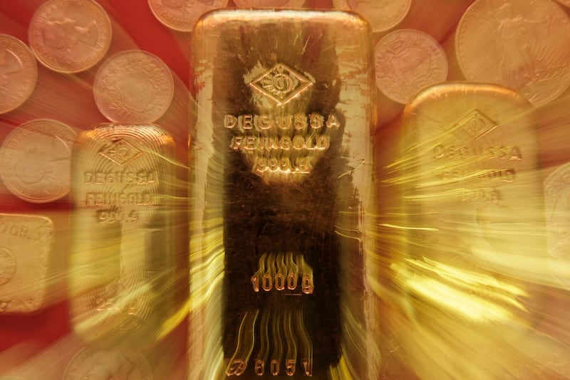 Gold bullion and bullion coins are seen on this zoomed photo in the German BW-Bank in Stuttgart, Germany.