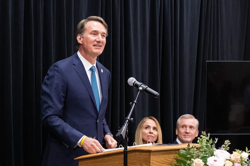 Virginia Governor Glenn Youngkin speaks at the Richmond Virginia Temple media day on March 20, 2023.