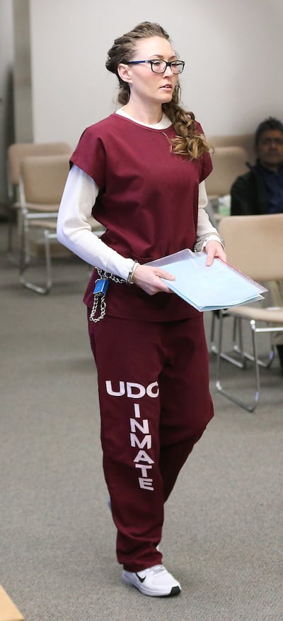 Brianne Altice, a former teacher at Davis High School who was convicted of sexually abusing three students, walks into her parole hearing at the Utah State Prison in Draper on Tuesday, April 16, 2019. She will be paroled on Sept. 10, 2019.