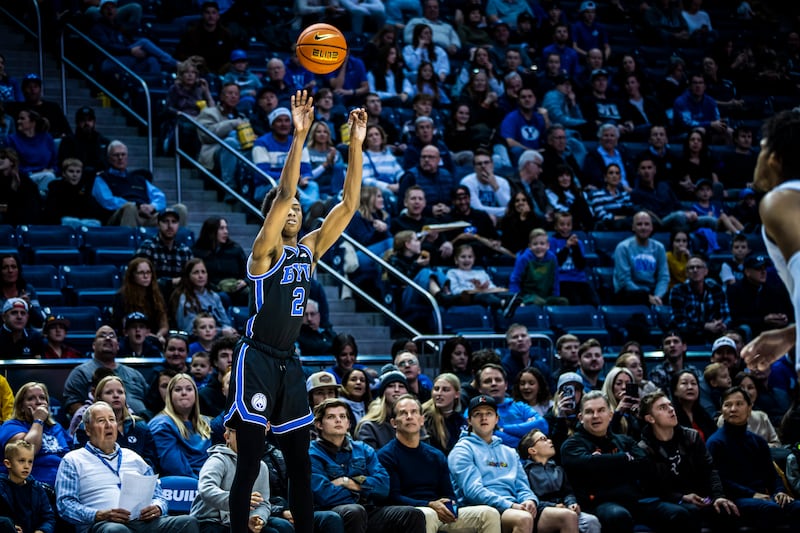 BYU’s Jaxson Robinson shoots in a game against Weber State on Dec. 22, 2022 at the Marriott Center in Provo, Utah.