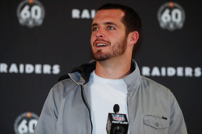 Oakland Raiders quarterback Derek Carr speaks after an NFL football game against the Denver Broncos Sunday, Dec. 29, 2019, in Denver. (AP Photo/David Zalubowski)