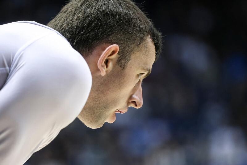 Brigham Young Cougars guard Nick Emery (4) catches his breath during the game against the Santa Clara Broncos at the Marriott Center in Provo on Thursday, Dec. 29, 2016.