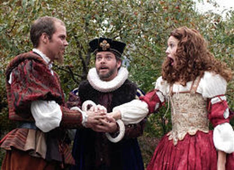 Baptista (Paul Walstad), center, proclaims "Tis a match," to Petruchio (Slate Holmgren), left, and Katherine (Nicole Elizabeth Richards).
