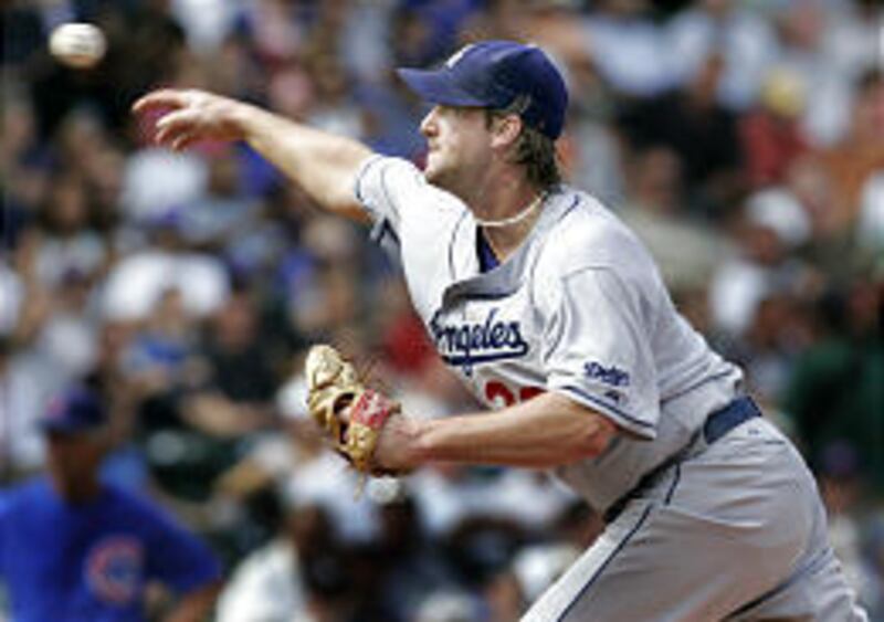 The Dodgers' Derek Lowe delivers a pitch en route to his one-hit shutout vs. the Cubs on Wednesday.
