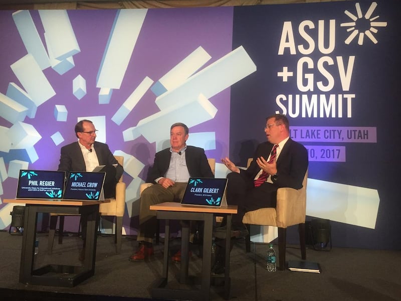 BYU-Pathway Worldwide President Clark Gilbert, right, talks about innovations in affordable college education with Arizona State University President Michael Crow, center, and Phil Regier, dean of educational initiatives at ASU, during a panel discussion