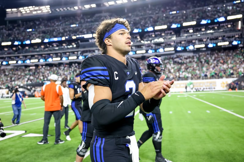 Brigham Young Cougars quarterback Jaren Hall (3) comes off the field after the Cougars’ loss to the Notre Dame Fighting Irish at Allegiant Stadium in Las Vegas on Saturday, Oct. 8, 2022.