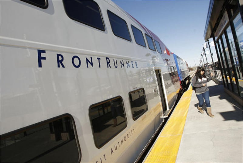 A passenger exits UTA's FrontRunner in Salt Lake City.