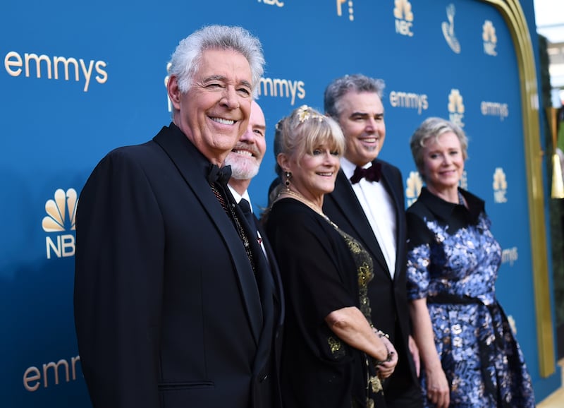 Barry Williams, left, Mike Lookinland, Maureen McCormick, Christopher Knight, Eve Plumb arrive at the 74th Emmy Awards on Sept. 12, 2022.