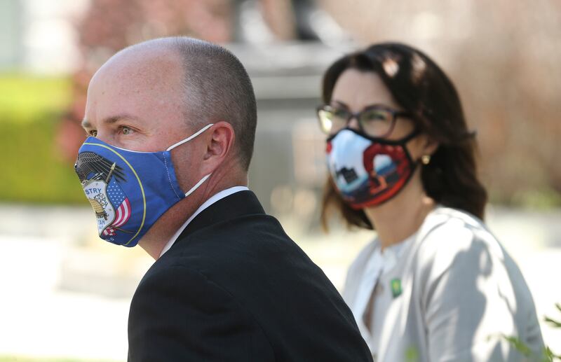 Lt. Gov. Spencer Cox, the GOP nominee for governor, and running mate state Sen. Deidre Henderson, R-Spanish Fork, are pictured at press conference outside of the Capitol in Salt Lake City on Tuesday, July 7, 2020. On Monday, Cox and Henderson were declared the winners in the GOP gubernatorial primary.
