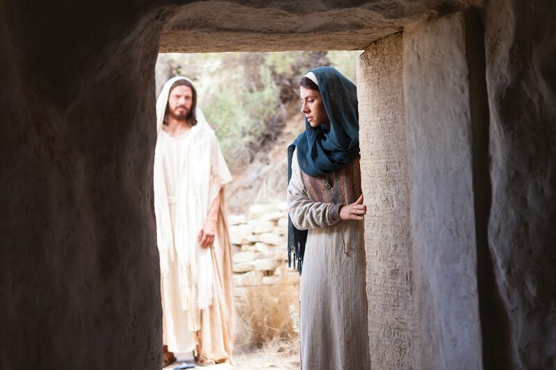 Mary encounters the resurrected Jesus Christ at the tomb in the scene of a Bible video produced by The Church of Jesus Christ of Latter-day Saints.