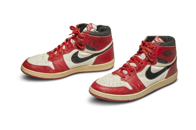 A pair of game-worn Air Jordan sneakers from 1985, which was Jordan’s rookie season, sold for $560,000 at an auction at Sotheby’s in New York