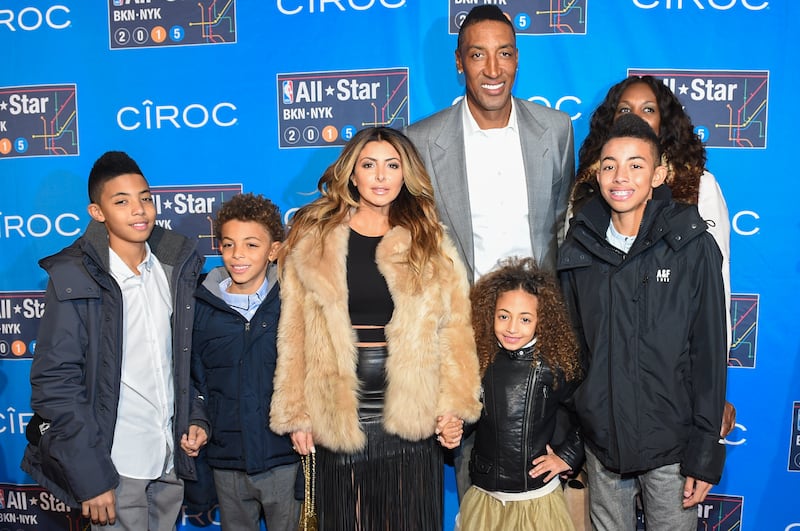 Former NBA player Scottie Pippen poses for a photo along with his wife Larsa Younan, and children Sophia Pippen, Justin Pippen, and Scotty Pippen Jr. at the 2015 NBA All-Star Game at Madison Square Garden on Sunday, Feb. 15, 2015, in New York. (Photo by Scott Roth/Invision/AP)