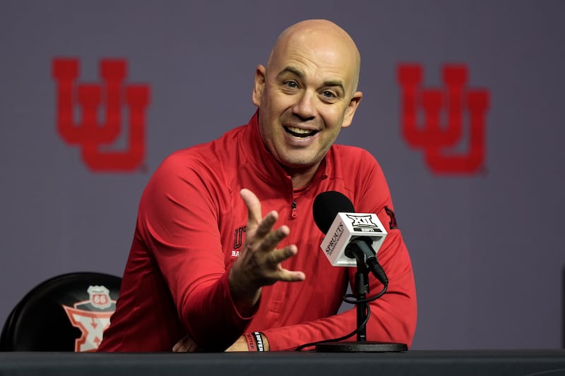 Utah head coach Craig Smith addresses the media during Big 12 men's basketball media day, Wednesday, Oct. 23, 2024, in Kansas City, Mo.