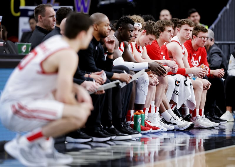 The Utah Utes bench looks on as Utah and Stanford play in Pac-12 Tournament action at T-Mobile Arena in Las Vegas.