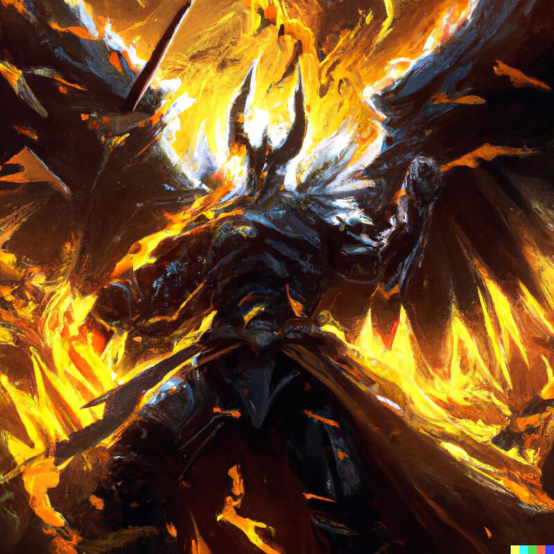 “A great shadow with a dark, man-shape form in the middle, wreathed in flames, with a blade like a stabbing tongue of fire in its right hand and a whip of flame in its left hand, and the shadow about it reached out like two vast wings, digital art.”