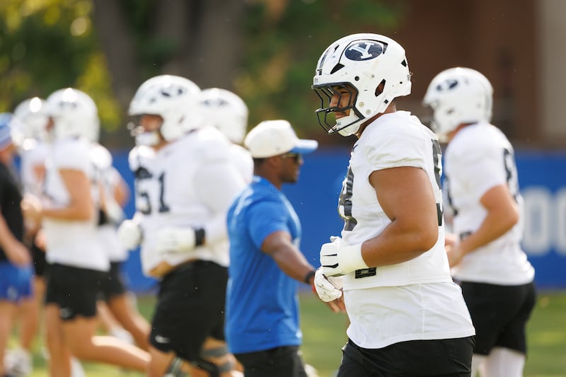 Washington transfer lineman Paki Finau runs during practice Aug. 10, 2026. Finau will add depth to the Cougars' offensive line this season.