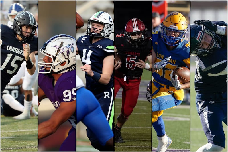 A photo showing Corner Canyon’s Devin Brown, Lehi’s Isaac Terrell, Ridgeline’s Kaden Cox, Grantsville’s Gabe Mouritsen, San Juan’s Jensen Grover and Duchesne’s Garett Fabrizio 