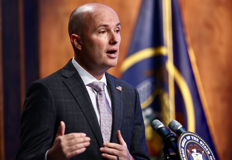 Gov. Spencer Cox holds his monthly news conference at PBS Utah in Salt Lake City on March 16, 2023.