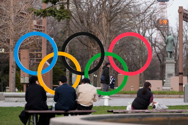 The Olympic rings are displayed in Sapporo, northern Japan, Saturday, April 15, 2023.